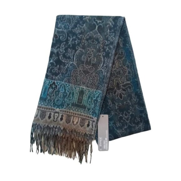 V. Fraas NWT Blue Ombre Floral Fringe Cashmink Blanket Wrap Scarf